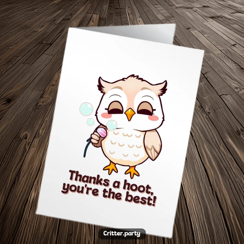 Funny free printable thank you card showing a smiling owl blowing bubbles from a party popper, expressing thanks.