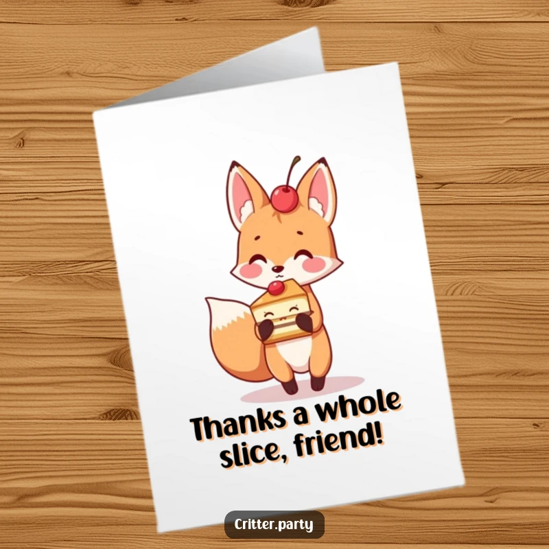 Funny free printable thank you card with a playful fox holding a slice of cake adorned with a cherry, conveying thanks.