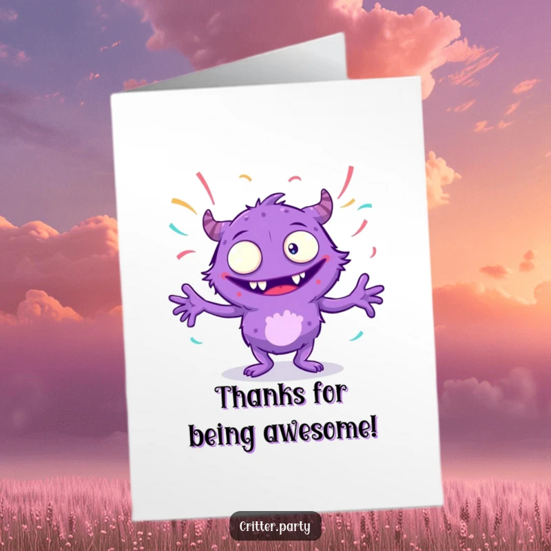 Funny Free Printable Thank You Card: A gleeful purple monster with multiple eyes dances wildly, streamers flying, sending thanks.