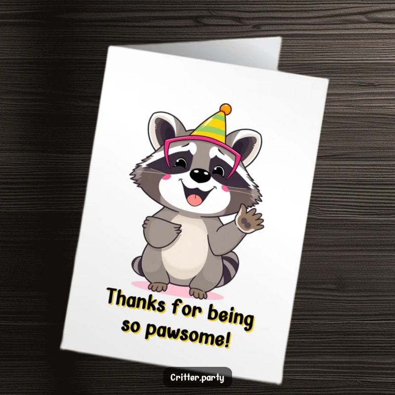 Funny Free Printable Thank You Card: Happy raccoon in party mask, enthusiastically clapping its paws, saying thank you.