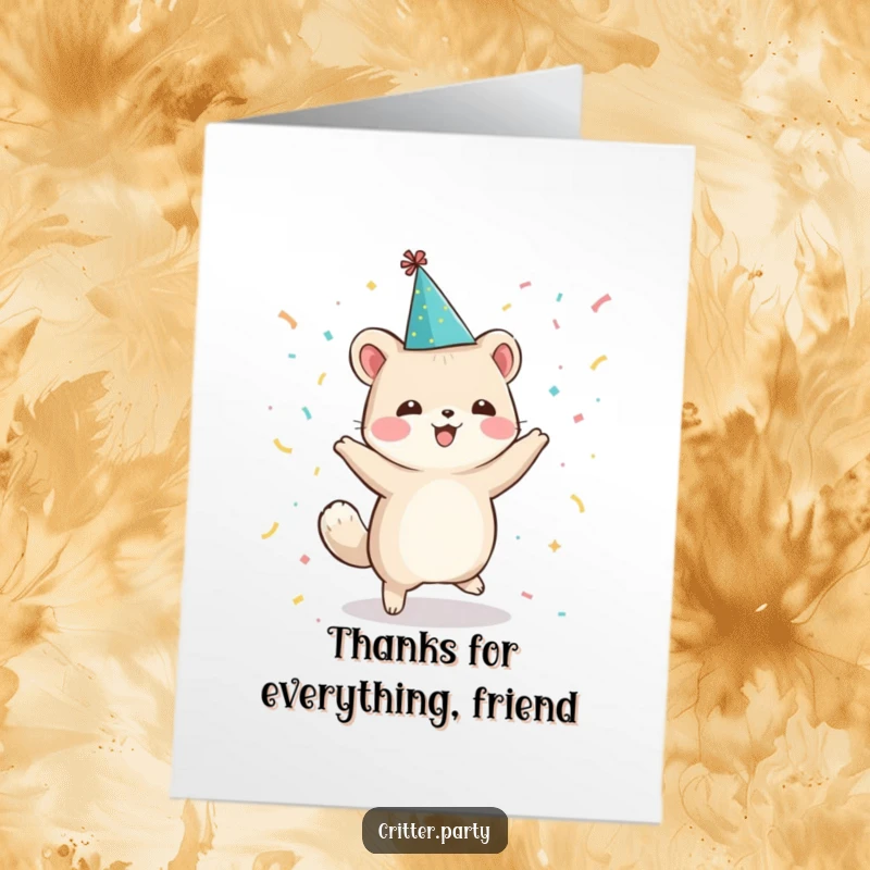 Funny Free Printable Thank You Card: A cheerful animal in a party hat dances amidst confetti, a delightful thank you.