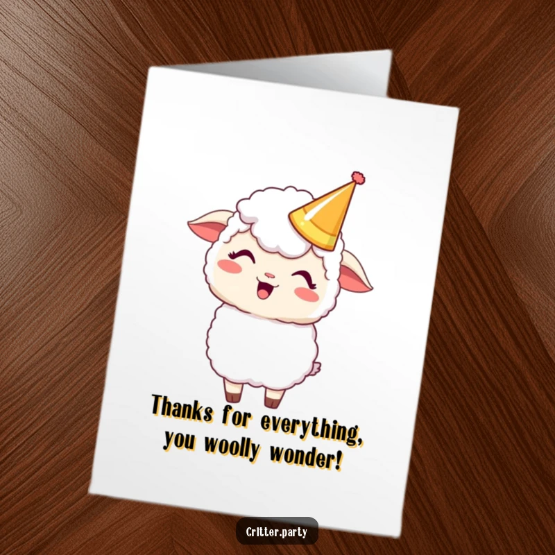 Funny Free Printable Thank You Card: Giggling Kawaii sheep with a party crown, perfect for a downloadable gift.