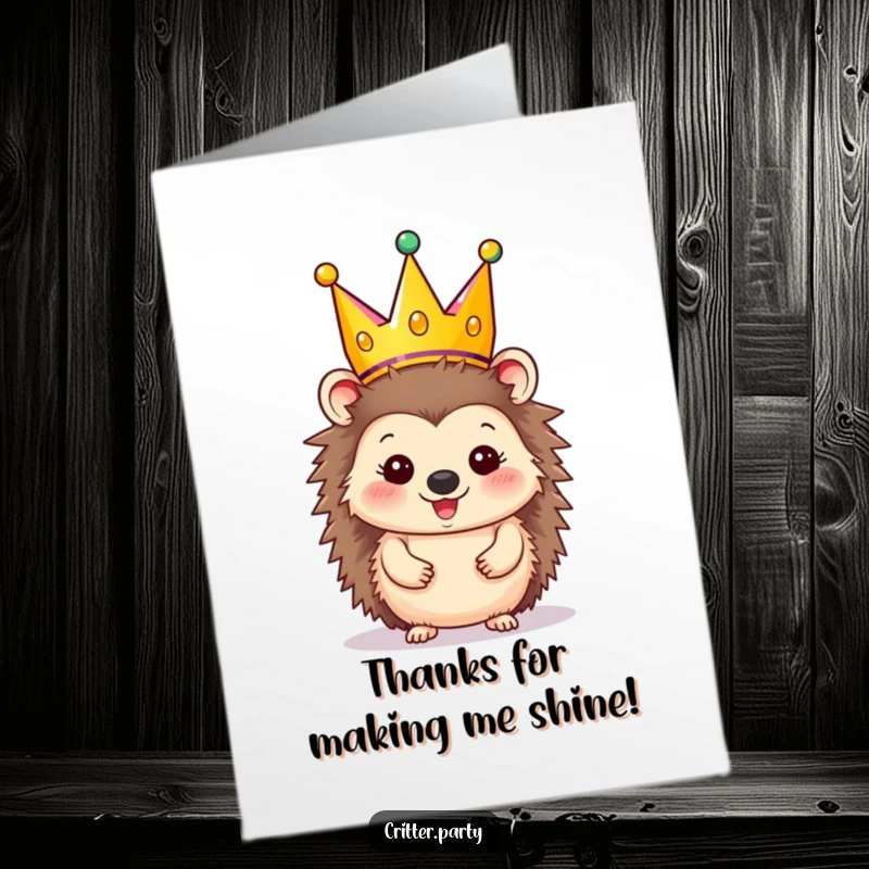 Funny Free Printable Thank You Card: A cheerful hedgehog wearing a comically large party crown offers a warm thank you, radiating joy.