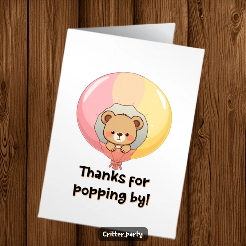 Funny Free Printable Thank You Card: A curious bear cub pops out of a giant deflated balloon, expressing thanks humorously.
