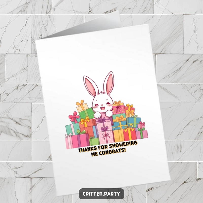 Funny Free Printable Thank You Card: A delighted rabbit peeks from behind a large stack of presents, expressing thanks.