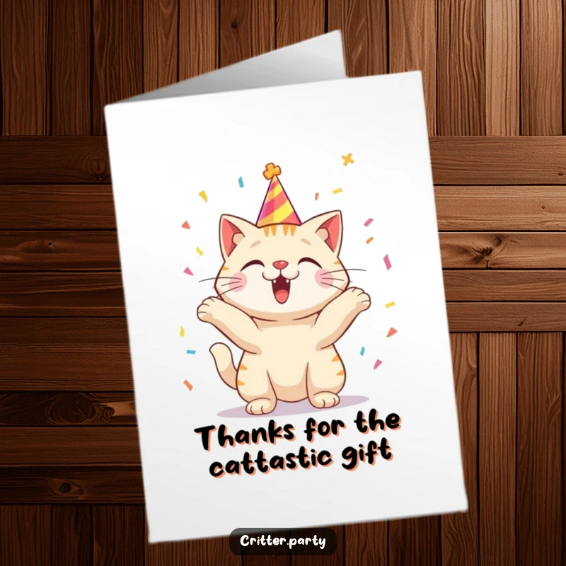 Funny Free Printable Thank You Card: An excited cat in a party hat tosses confetti with pure glee.