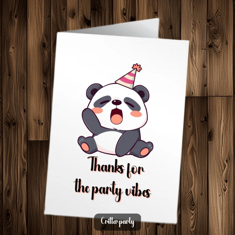 Funny Free Printable Thank You Card: A sleepy panda wearing a party hat yawns, conveying thanks with humor.