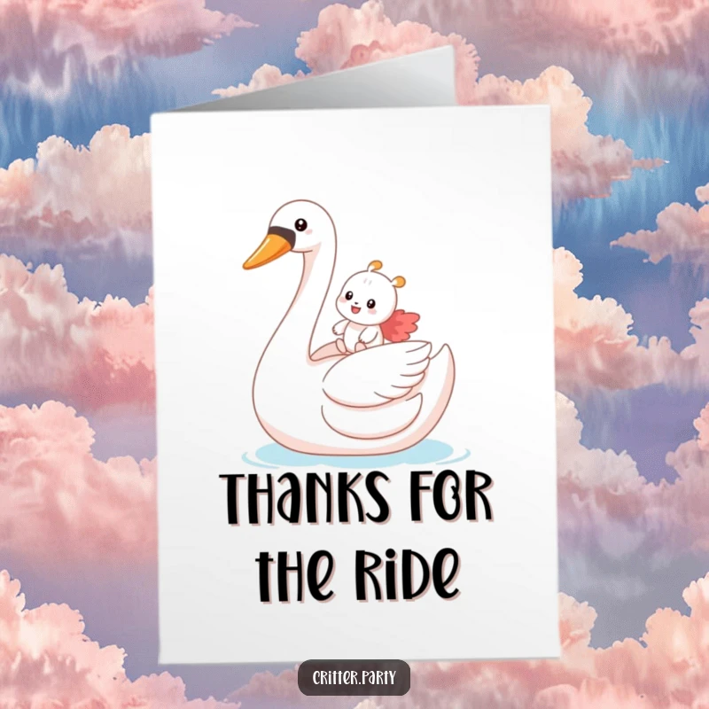 Funny Free Printable Thank You Card: A critter gleefully rides a huge inflatable swan, expressing thanks with joy.