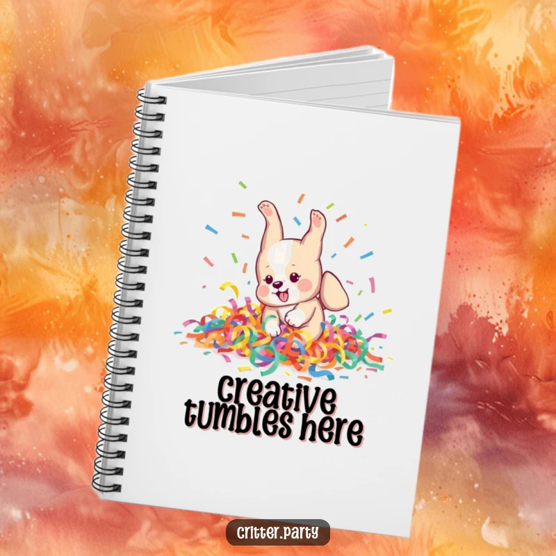 Funny Notebook: A playful puppy character attempts a somersault in a pile of colorful streamers, perfect for jotting down fun ideas.