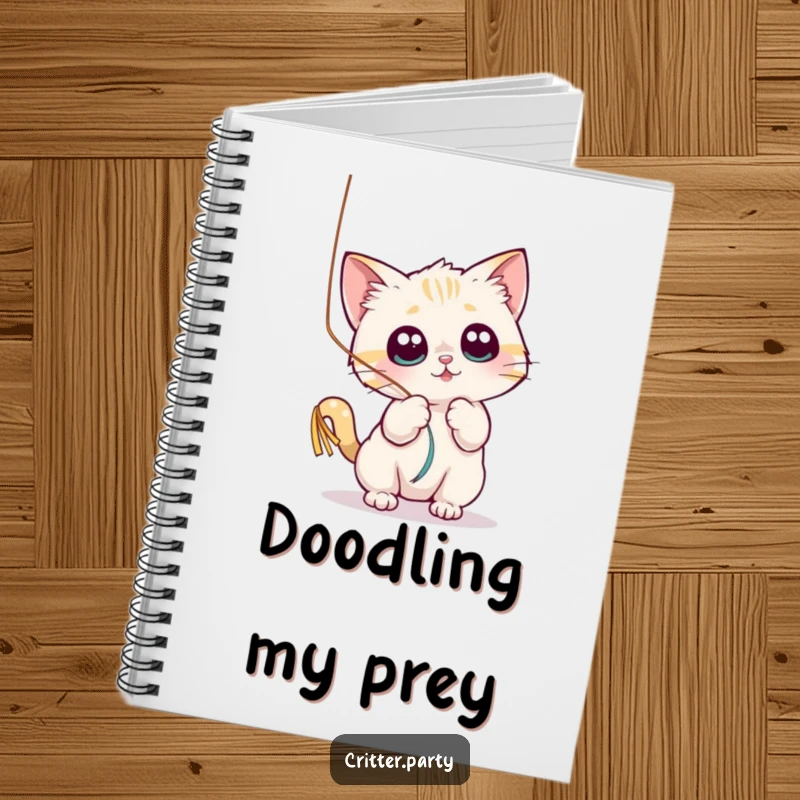 Funny notebook cover with a small cat character playfully batting at a shiny, dangling streamer with wide eyes, inspiring creativity.