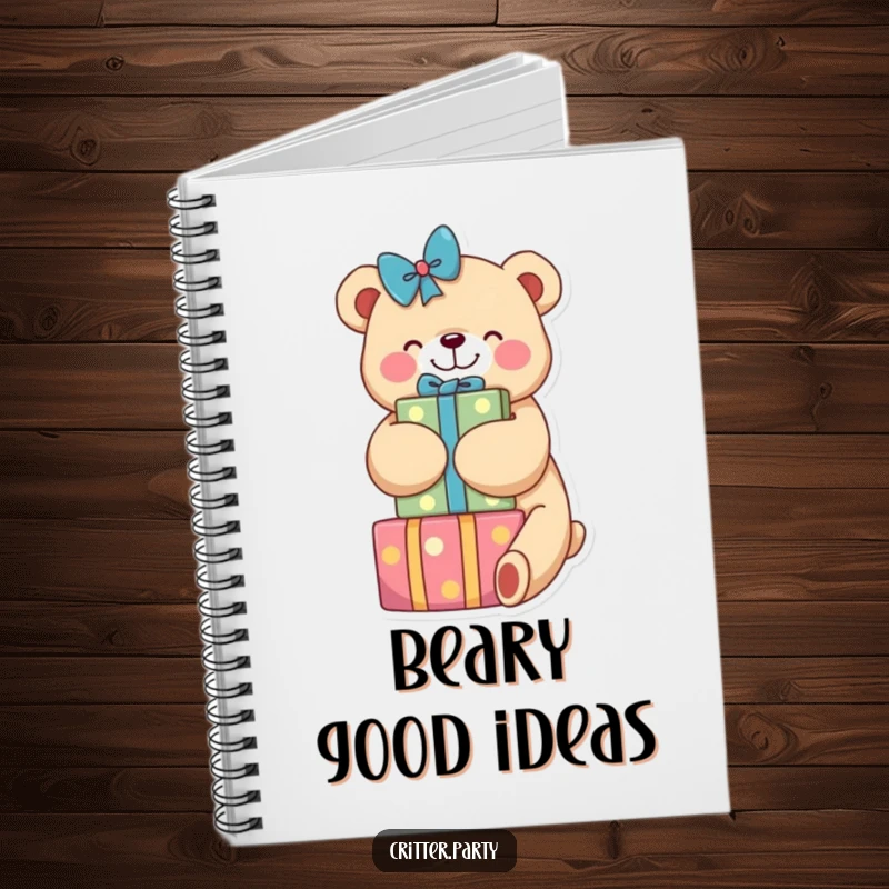 Funny notebook with a delightful bear hugging a stack of colorful presents, perfect for writing, drawing, or planning, adding humor to daily tasks.