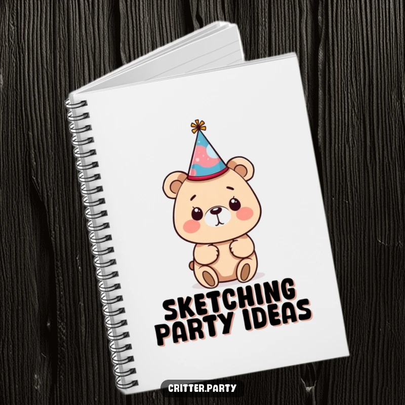 Funny bear notebook cover showing a bear curiously attempting to wear a tiny, crooked party hat for jotting down funny ideas.