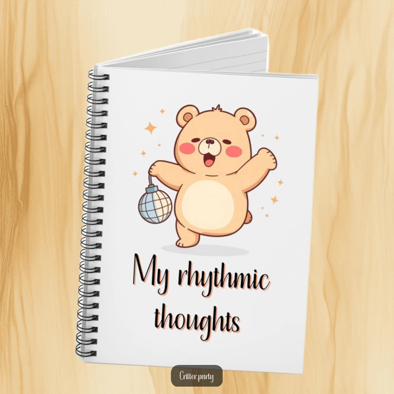 Funny chubby bear dancing wildly with a small disco ball, featured on the cover of a notebook for jotting down dance-worthy ideas.