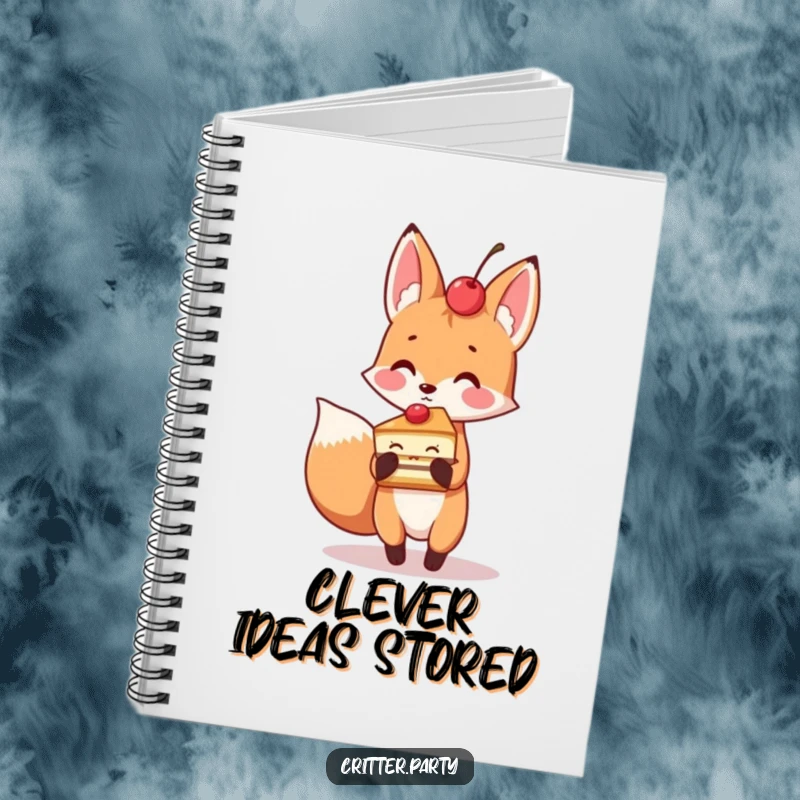 Playful fox holding a slice of cake with a cherry on top, a cute and humorous notebook.