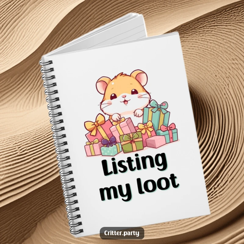 Funny notebook with a playful hamster peeking from behind a pile of gifts on the cover, great for journaling.