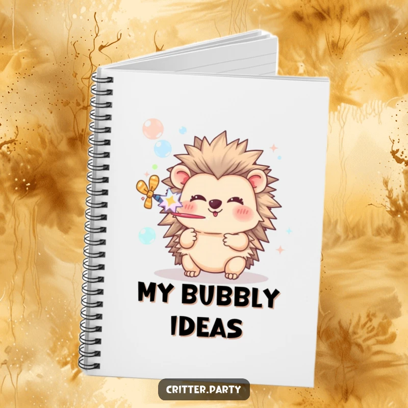 Funny Hedgehog Notebook: A happy hedgehog character blowing bubbles from a party popper, perfect for jotting down bright ideas.