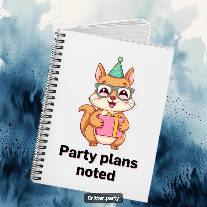 Funny notebook with a joyous squirrel character wearing party glasses and holding a brightly wrapped present, inspiring creativity and festive thought.