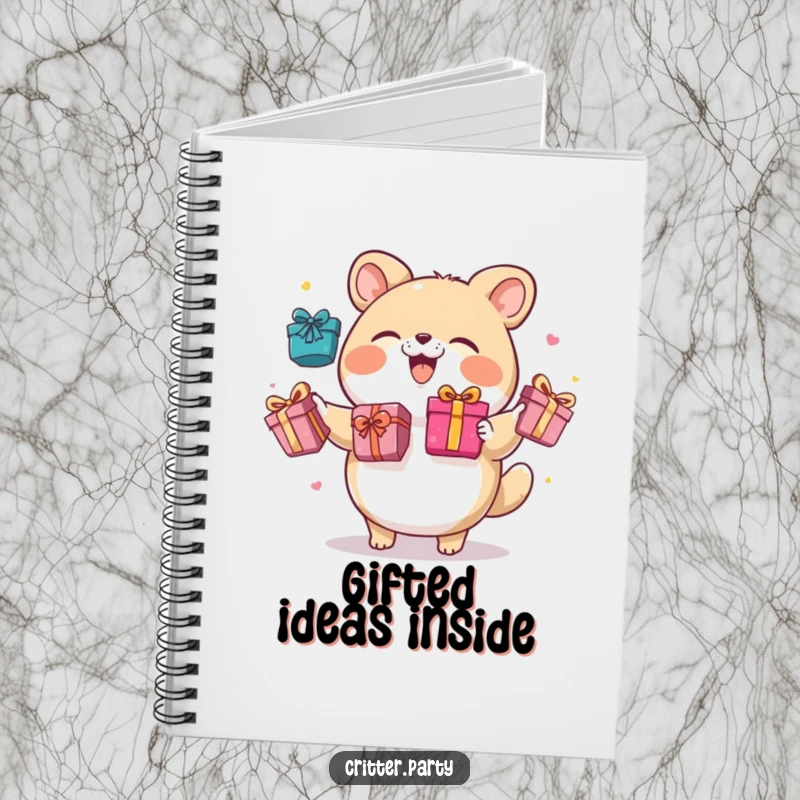 Funny notebook cover with a round animal character giggling while juggling brightly colored gift boxes, inspiring creativity.