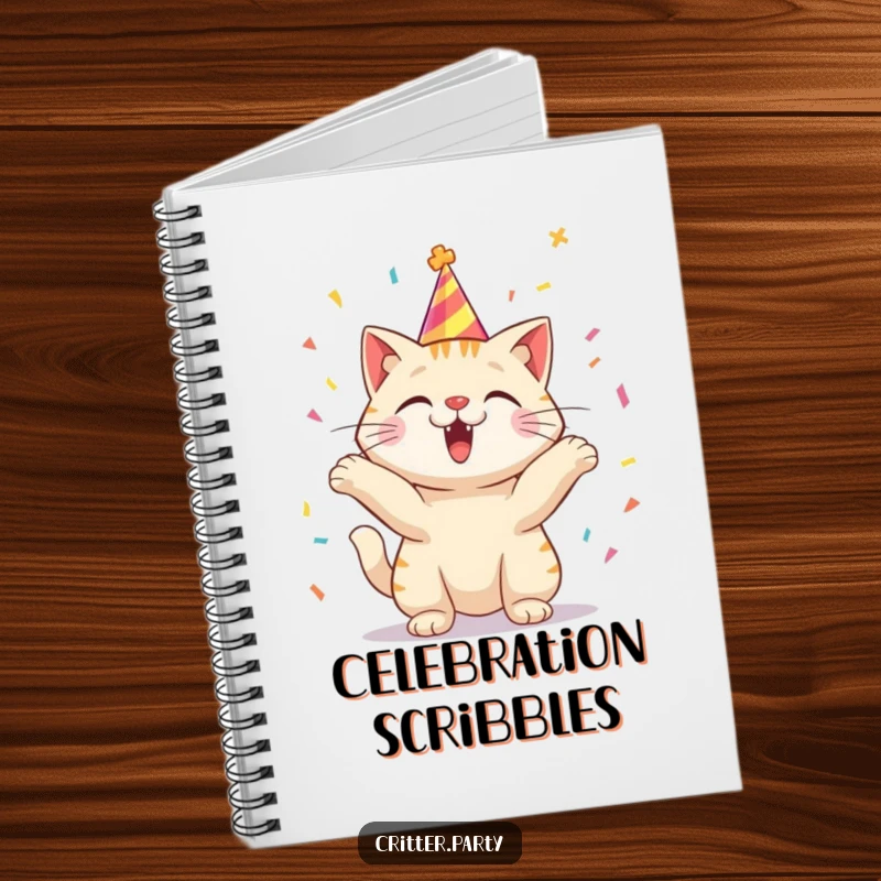 Funny notebook with an excited cat character wearing a party hat, tossing confetti with glee.