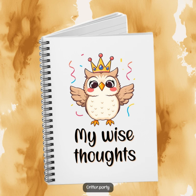 Thrilled owl wearing a festive crown with streamers, a cute and humorous notebook.