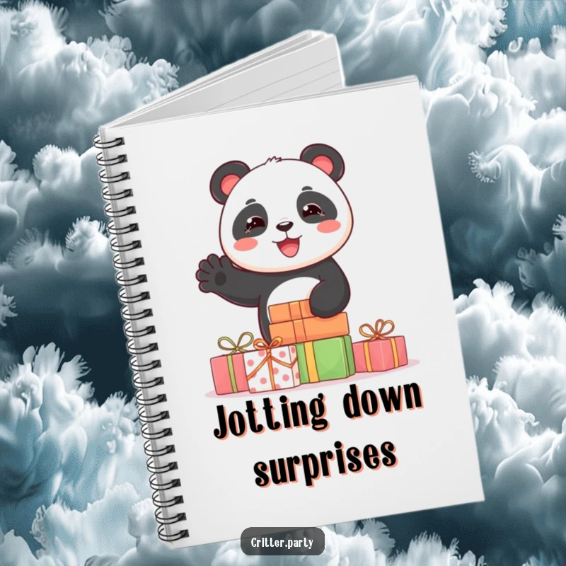 Funny notebook with a joyful panda character waving from behind a stack of presents, ready to capture notes and dreams.