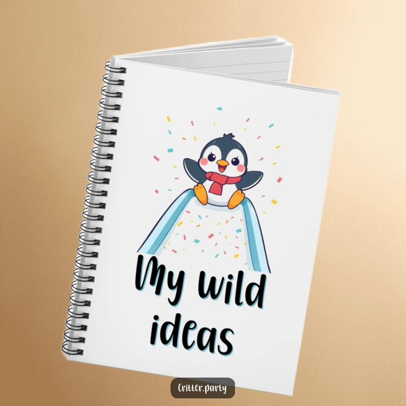 Funny notebook featuring a delighted penguin sliding down a confetti-covered slide, perfect for jotting down fun thoughts.