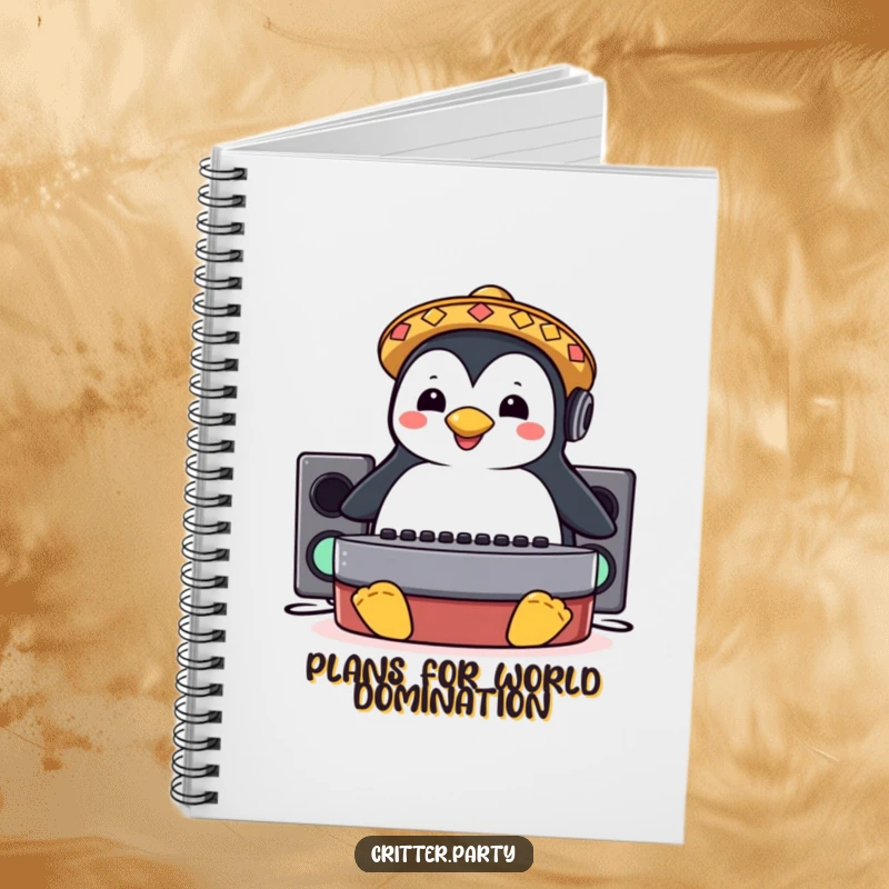 Funny notebook cover with a happy penguin in a sombrero sliding on a DJ booth, ready to write.