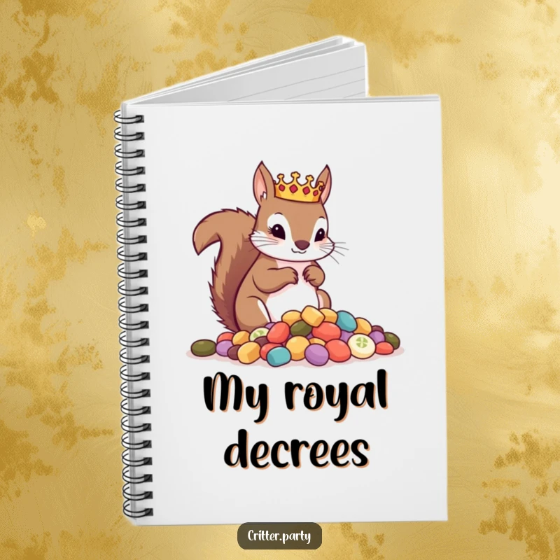 Funny notebook featuring a crowned squirrel surveying a pile of treats, ideal for capturing notes, ideas, and plans with a touch of regal humor.