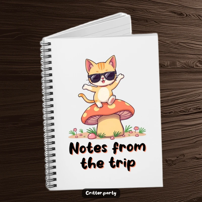 Funny notebook cover with a winking cat in sunglasses energetically dancing on a giant, colorful mushroom.