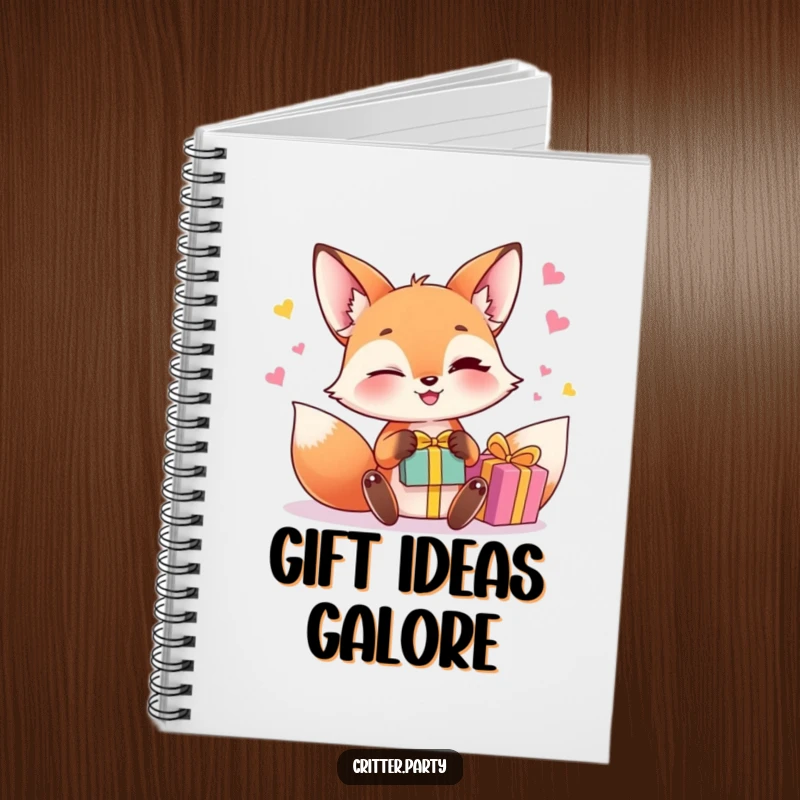 Funny fox juggling notebook featuring a winking fox character juggling small, brightly colored gift boxes, perfect for note-taking.