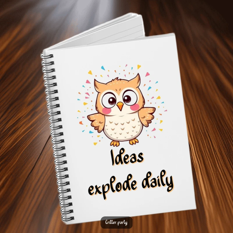 Funny kawaii owl character startled by a confetti explosion on the cover of a notebook, ideal for a funny gift.