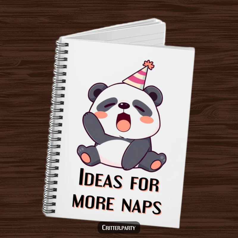 Funny notebook cover with a sleepy panda in a party hat yawning, perfect for writing or drawing.