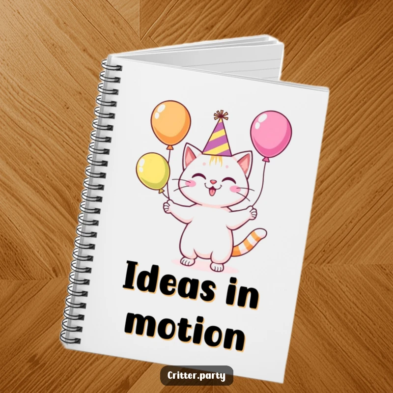 Funny cat with a party hat juggling balloons, a cute and humorous notebook for jotting down ideas.