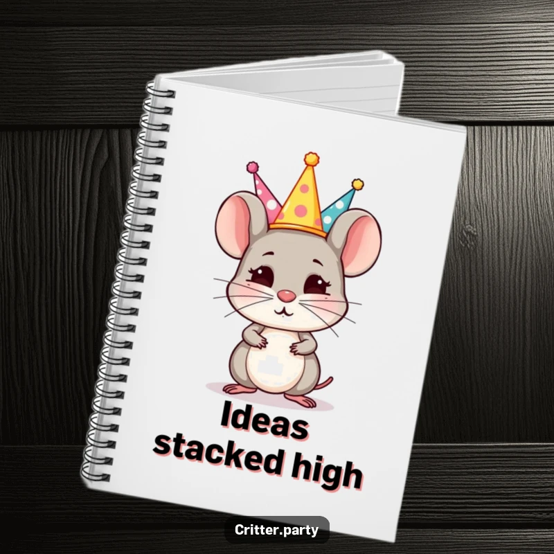 Funny Notebook: A small, determined mouse balances a stack of tiny party hats on its nose, ready for focused ideas.