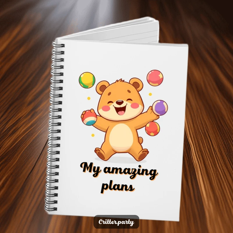 Funny notebook with an excited bear cub juggling bright, colorful balls with a wide smile, for jotting ideas.