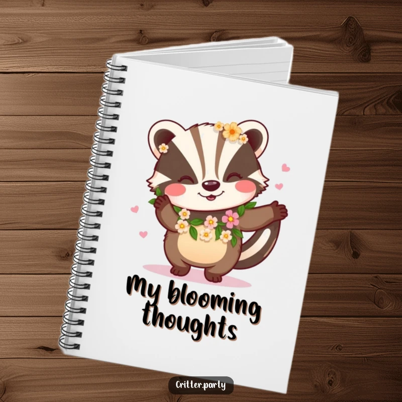 Funny notebook with a happy badger wearing a flower garland and dancing on the cover, great for nature lovers.