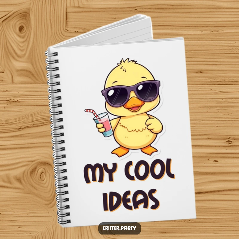 Funny Kawaii duckling wearing sunglasses and holding a tiny drink on the cover of this humorous notebook.