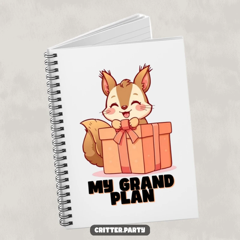 Funny squirrel notebook featuring a cute character unwrapping a present, ideal for jotting down thoughts with a humorous touch.