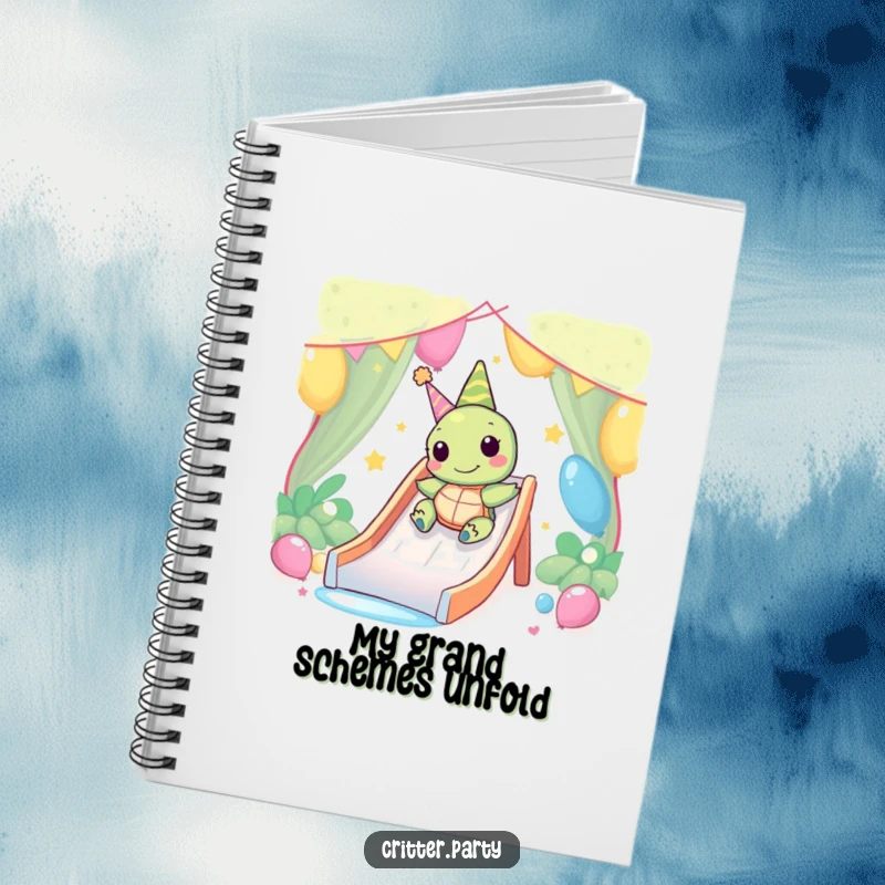 Funny Kawaii turtle character happily sliding down a party slide on the cover of this humorous notebook.