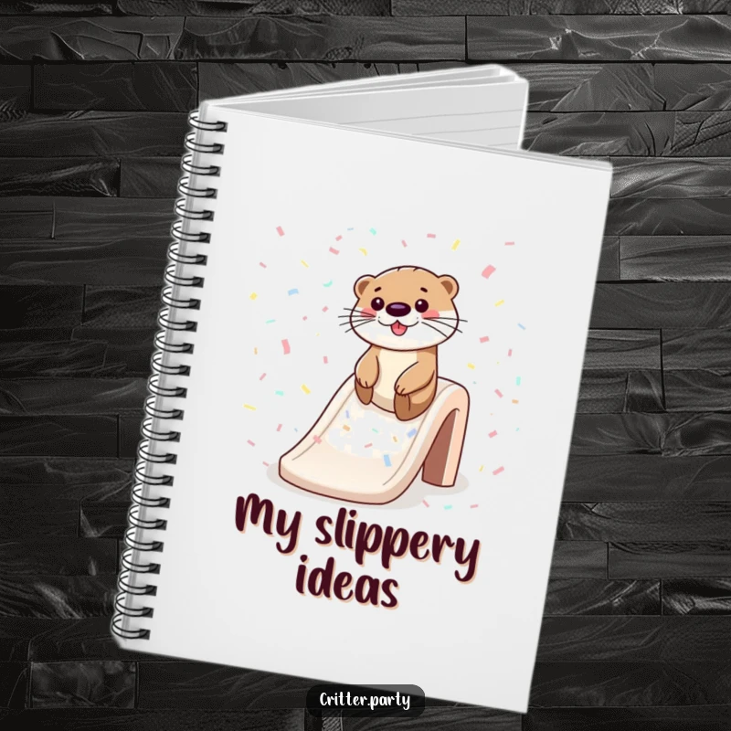 Funny notebook featuring a happy otter sliding down a confetti slide, ideal for recording notes, ideas, and plans with a touch of whimsy.