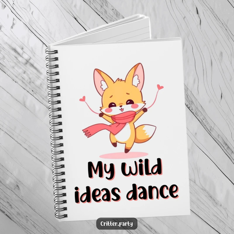 Funny cute fox dancing, wearing a streamer scarf, on the cover of a notebook, ideal for journaling, great funny gift.