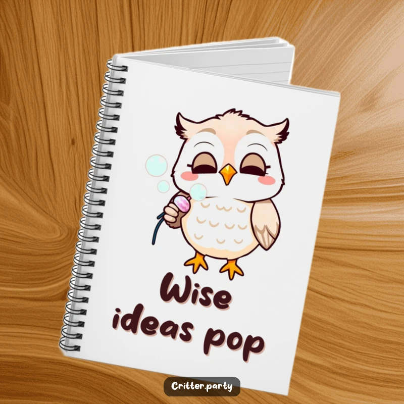 Funny notebook showcasing a smiling owl blowing bubbles from a party popper, perfect for jotting down whimsical ideas.