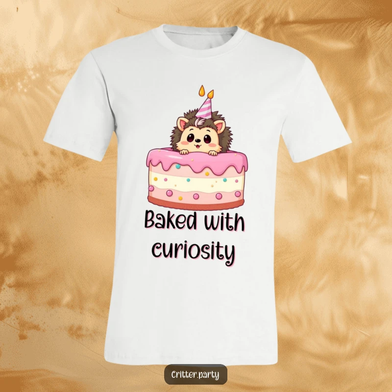 Funny t-shirt with a curious hedgehog peeking from inside a huge birthday cake, eyes wide with delightful surprise and frosting.