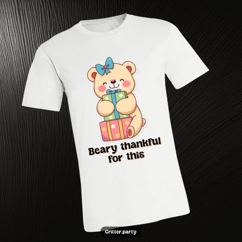 Funny t-shirt showcasing a cheerful bear in a warm embrace with a mountain of vibrantly colored, wrapped gifts, symbolizing pure happiness.