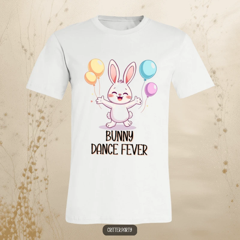 Funny T-shirt featuring a cute bunny character energetically dancing with arms flailing amidst a shower of floating balloons.