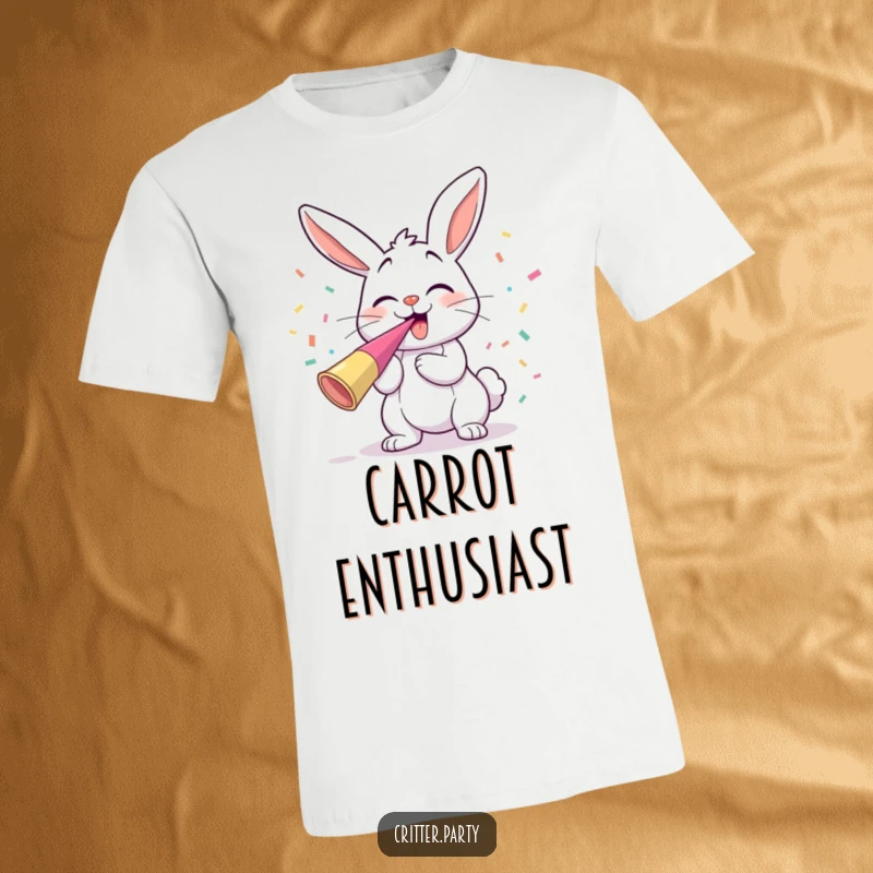 Funny giggling bunny blowing a party horn with confetti flying, a festive and humorous t-shirt design.