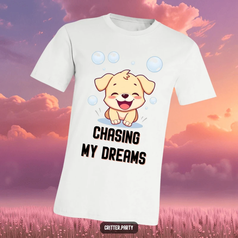 Funny t-shirt showcasing a playful puppy with an open mouth, gleefully chasing a trail of shimmering bubbles.