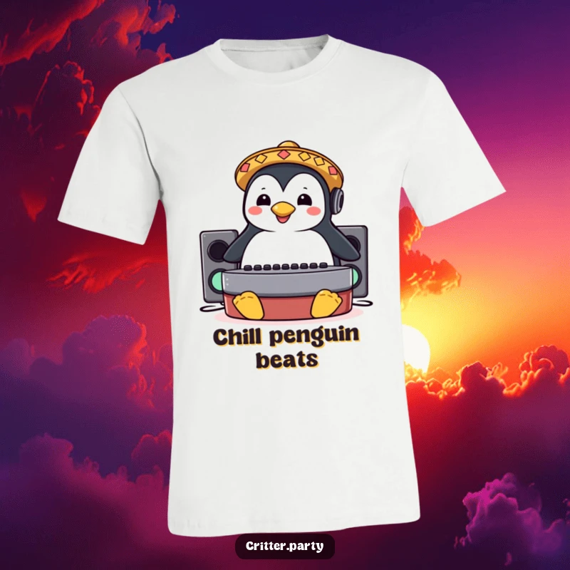 Funny t-shirt depicting a happy penguin in a tiny sombrero, sliding on a DJ booth, ready to party.