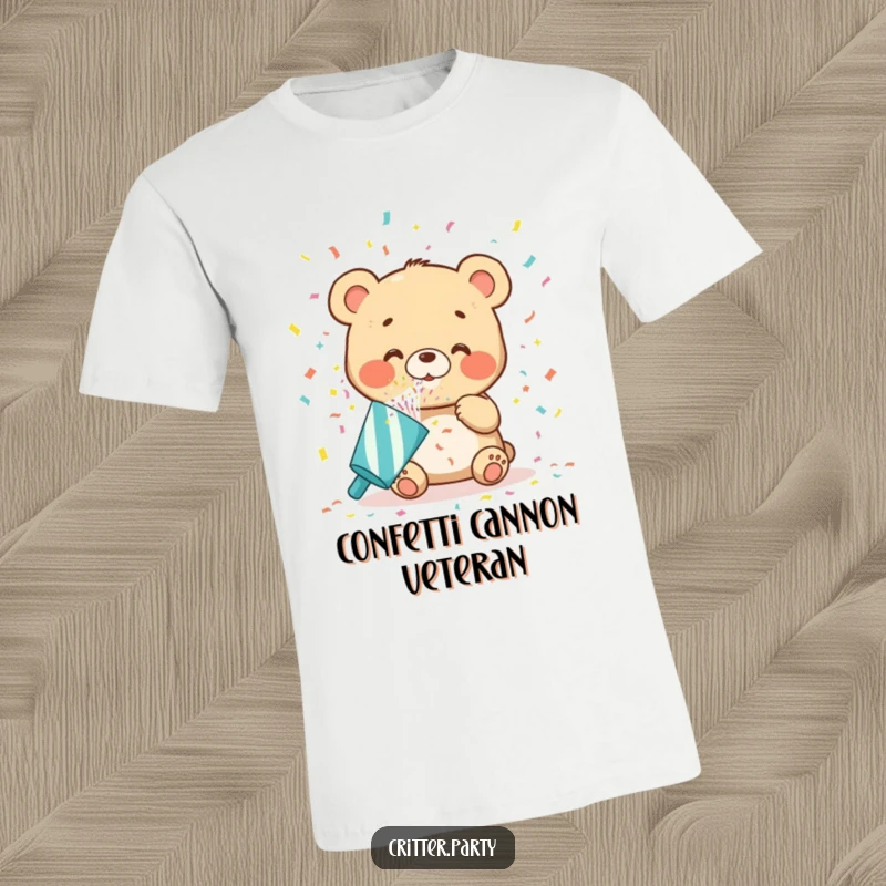 Funny bear cub t-shirt blowing oversized confetti from a party popper, capturing a moment of pure celebration and happiness, ideal for gifting.