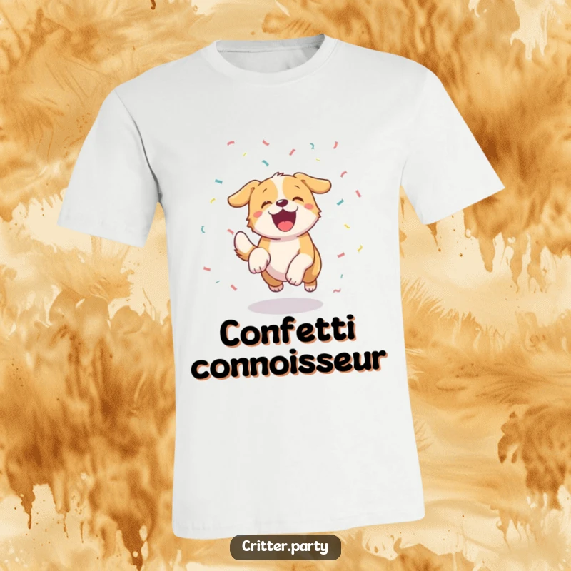 Hilarious excited dog with a happy wagging tail, enthusiastically chasing confetti, featured on a comfortable t-shirt for maximum fun.